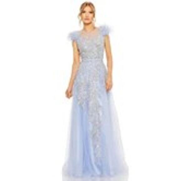 Mac Dougall 20520 High neck feathered shoulder gown - Size 12 - Periwinkle Blue - Picture 2 of 3